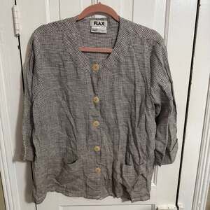 FLAX Gray Plaid 100% Linen Button Down Top Shirt Lagenlook Womens Small S
